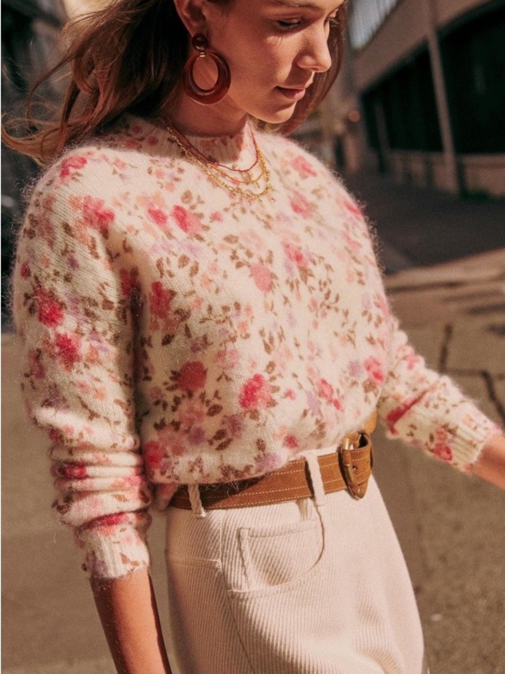 Sezane Crewneck Sweater with Pink & Coral Floral Print